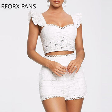 Yipinpay Ruffles Hollow Out Top & Short Sets